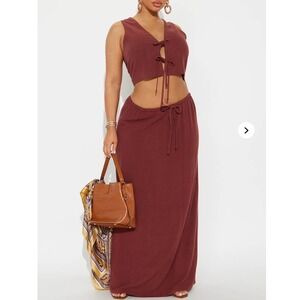 NWT Fashion Nova Rust Brown Tie Front Crop Top and Maxi Skirt Matching Set Small